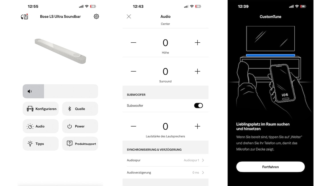 Drei Screenshots der Bose App zeigen die Steuerung der Lifestyle Ultra Soundbar, die Klanganpassung mit Pegelreglern sowie die Einmessfunktion CustomTune.