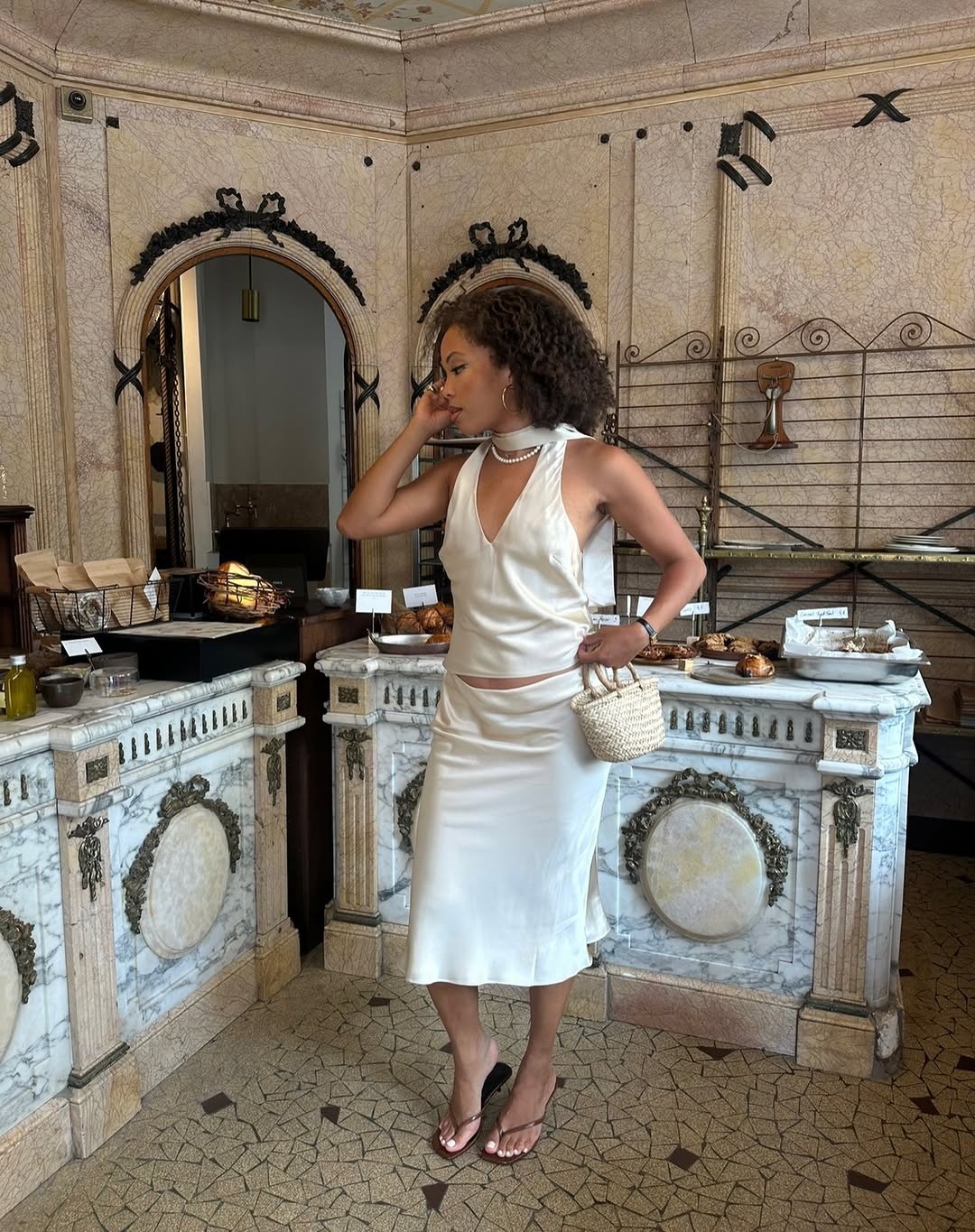 Ellie Nes wearing a midi skirt set in Paris.