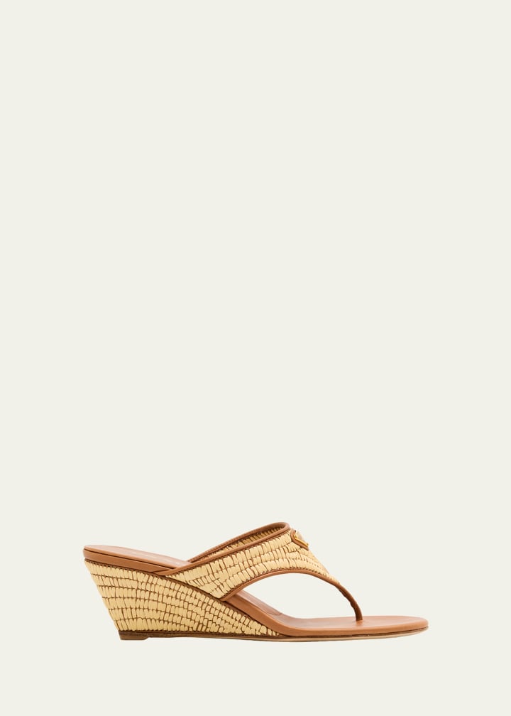55mm Triangle Logo Raffia and Leather Thong Sandals
