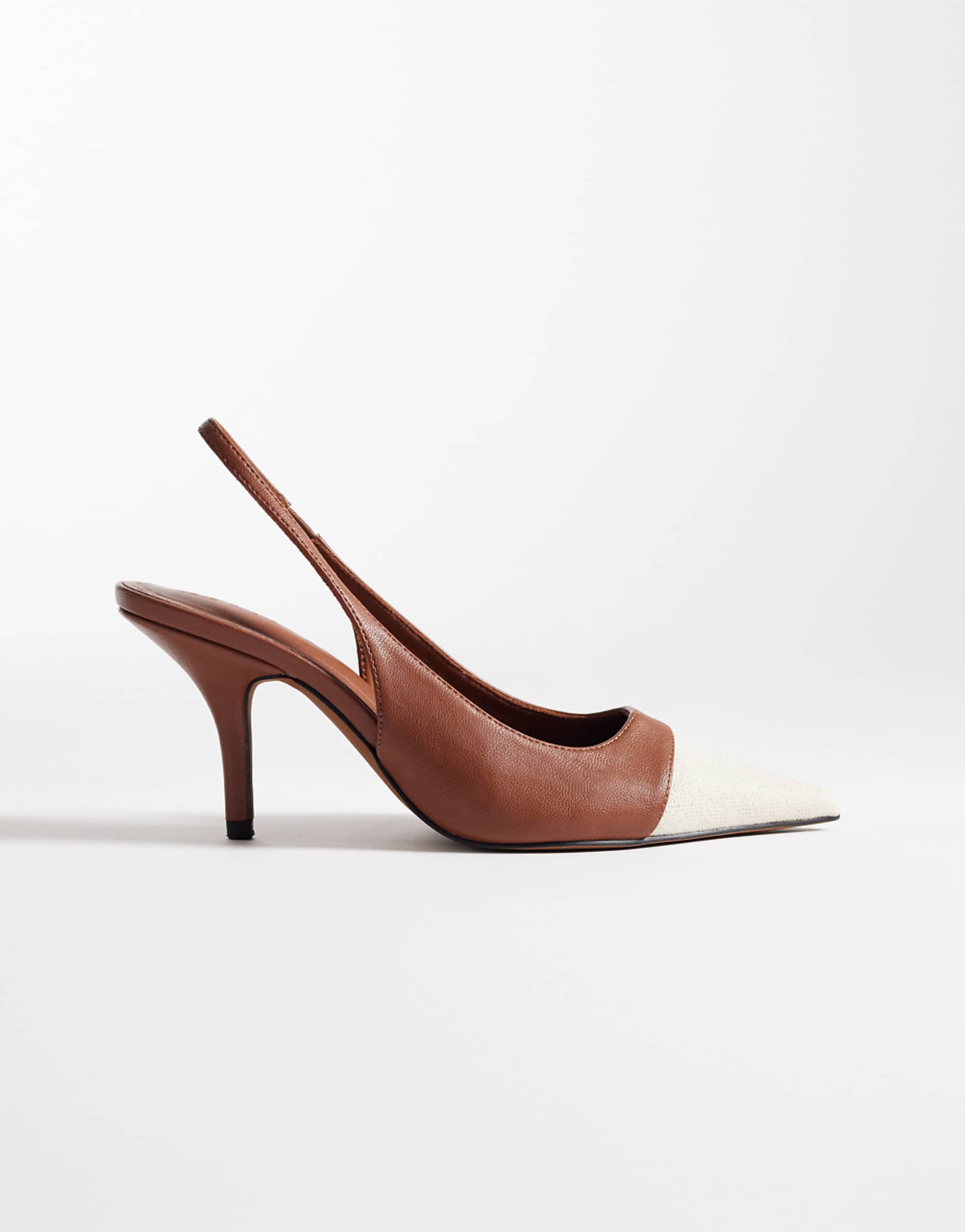 Asos Design Sylvie Two Tone Slingback Mid Heel Shoes in Natural and Tan