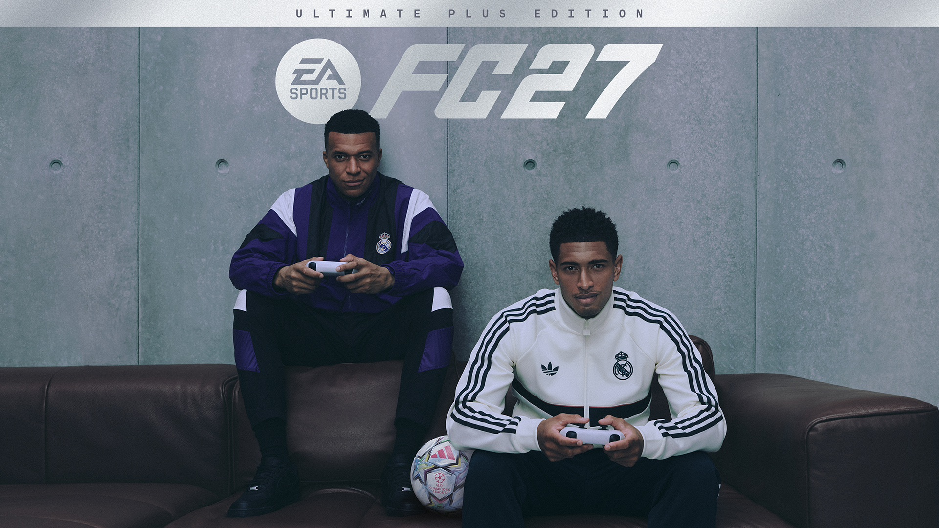 Two men sitting on a couch playing video games, with the EA Sports FC 27 Ultimate Plus Edition logo visible.