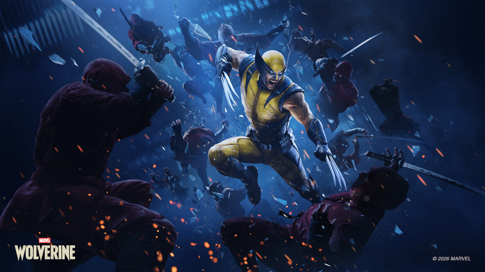 A muscular superhero in a yellow costume leaps into battle against a horde of shadowy figures in a dark, fiery setting. "MARVEL WOLVERINE" is visible.