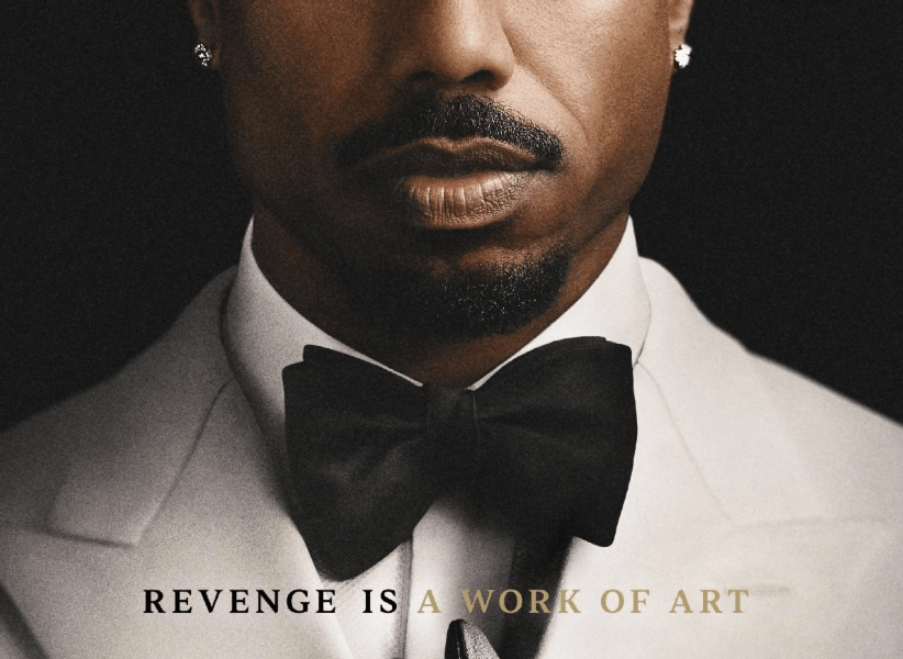 A close-up portrait of a man with a beard wearing a tuxedo and bow tie. The text overlay reads "REVENGE IS A WORK OF ART".