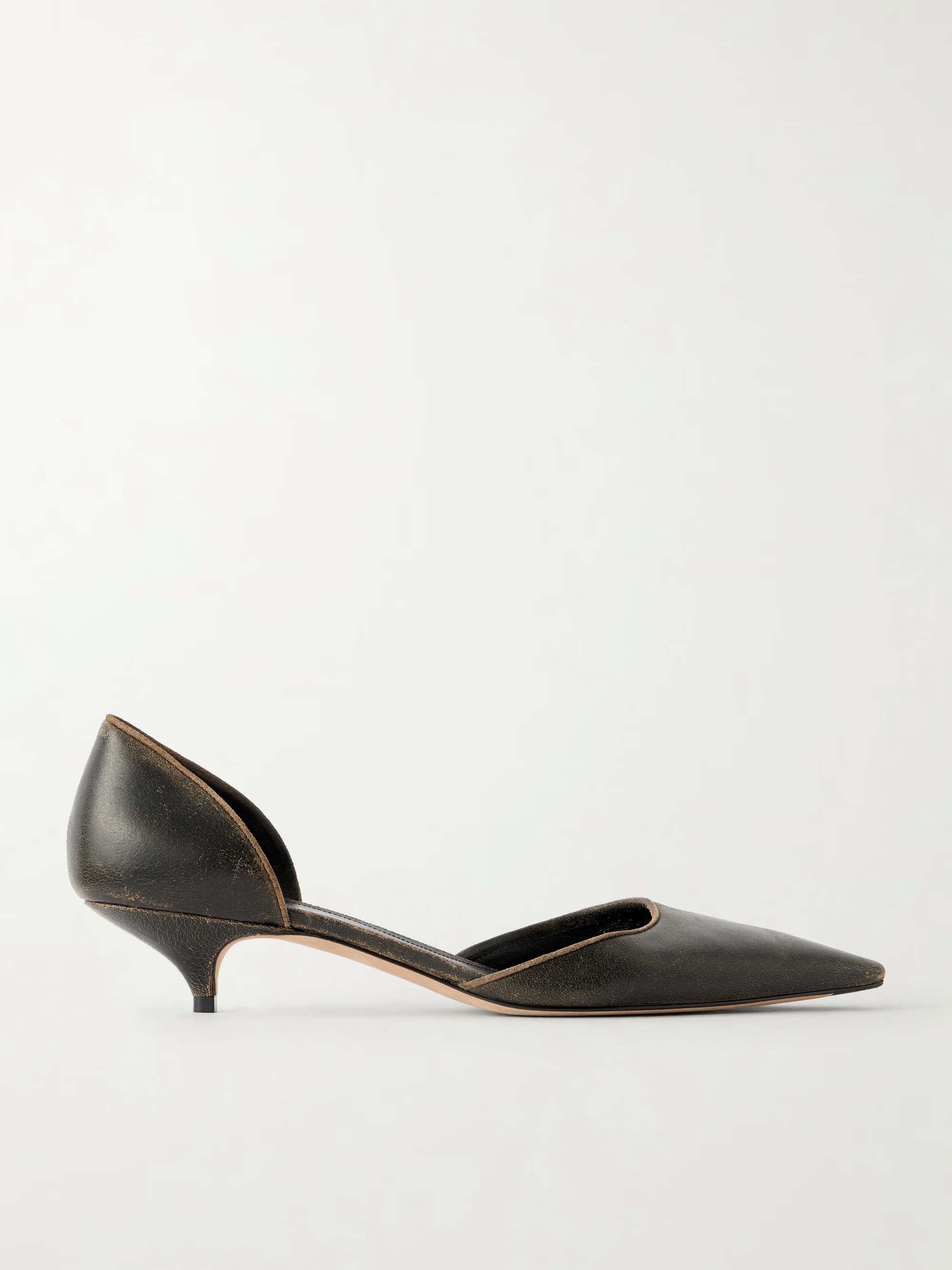 The Row, Liisa Waxed Suede Kitten Pumps in Dark Brown