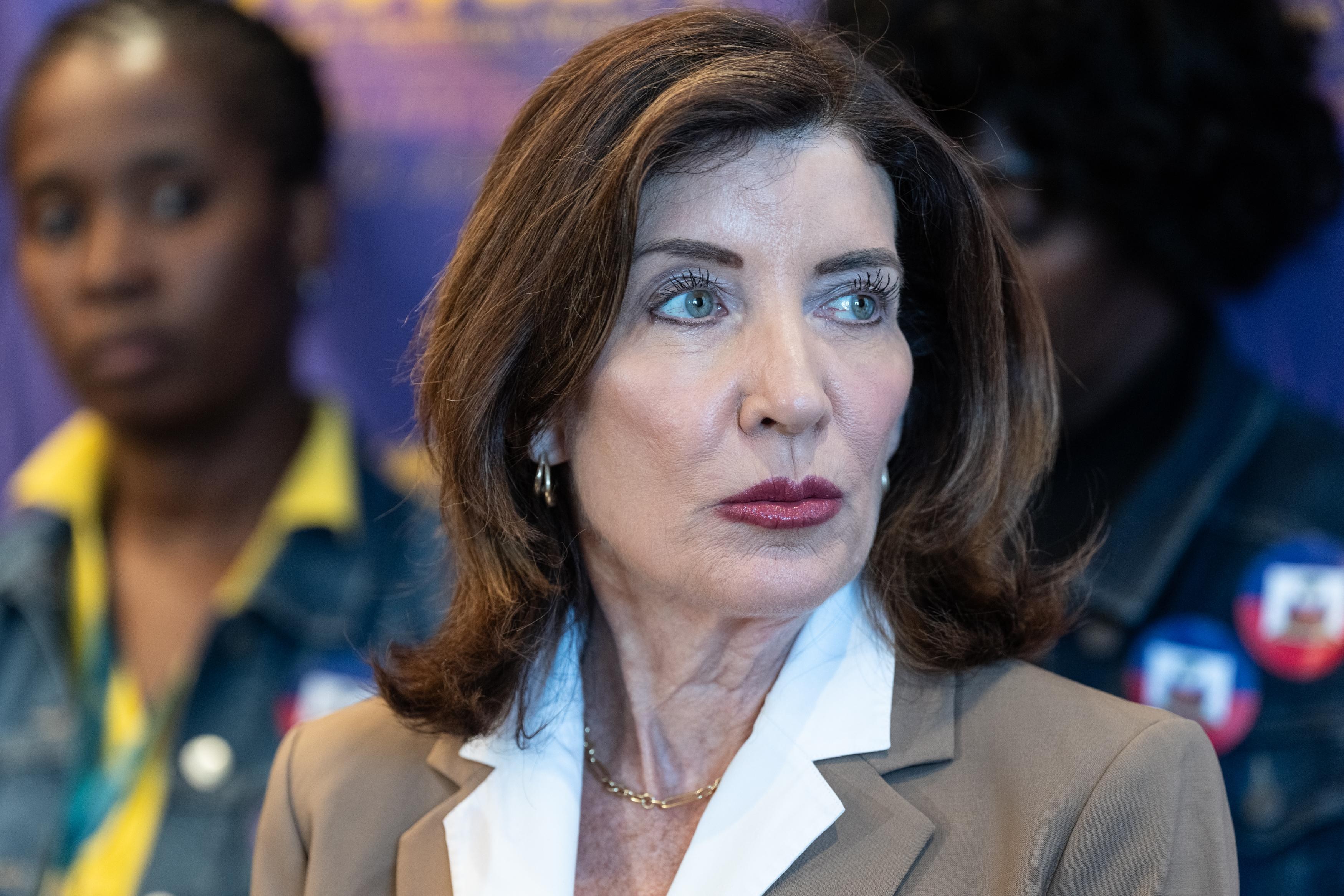 Governor Kathy Hochul speaks at the rally alongside 1199SEIU