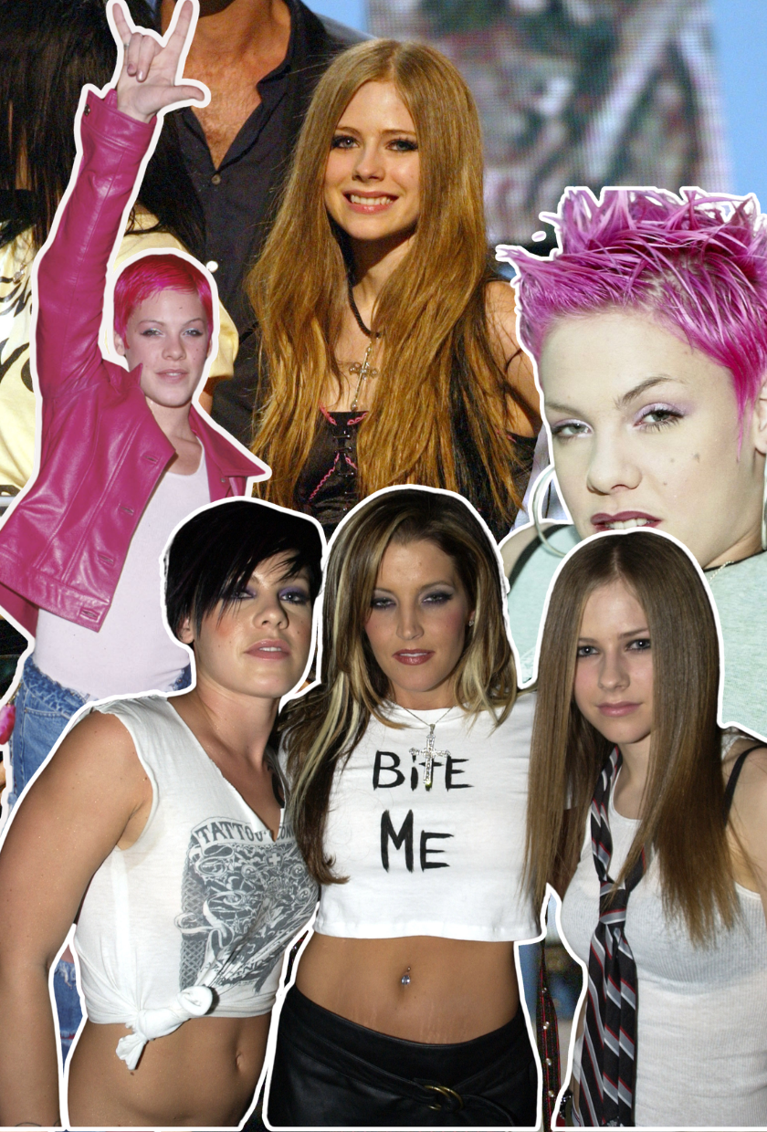 Image of Pink and Avril Lavigne during their anti fashion phase. Both are wearing the neon pink fashion trend