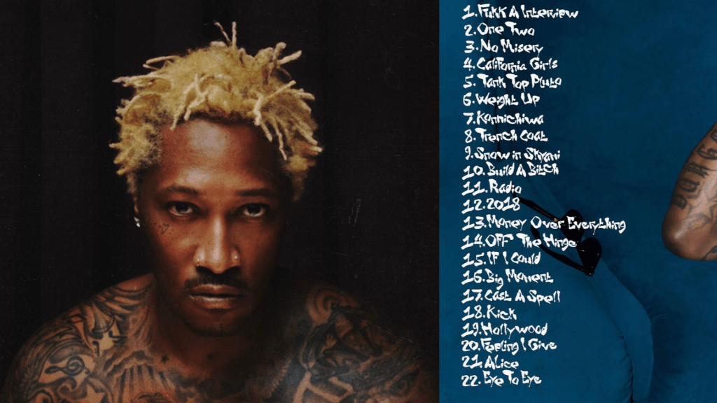 A close-up portrait of a man with dreadlocks and tattoos, with a list of song titles displayed below the image.