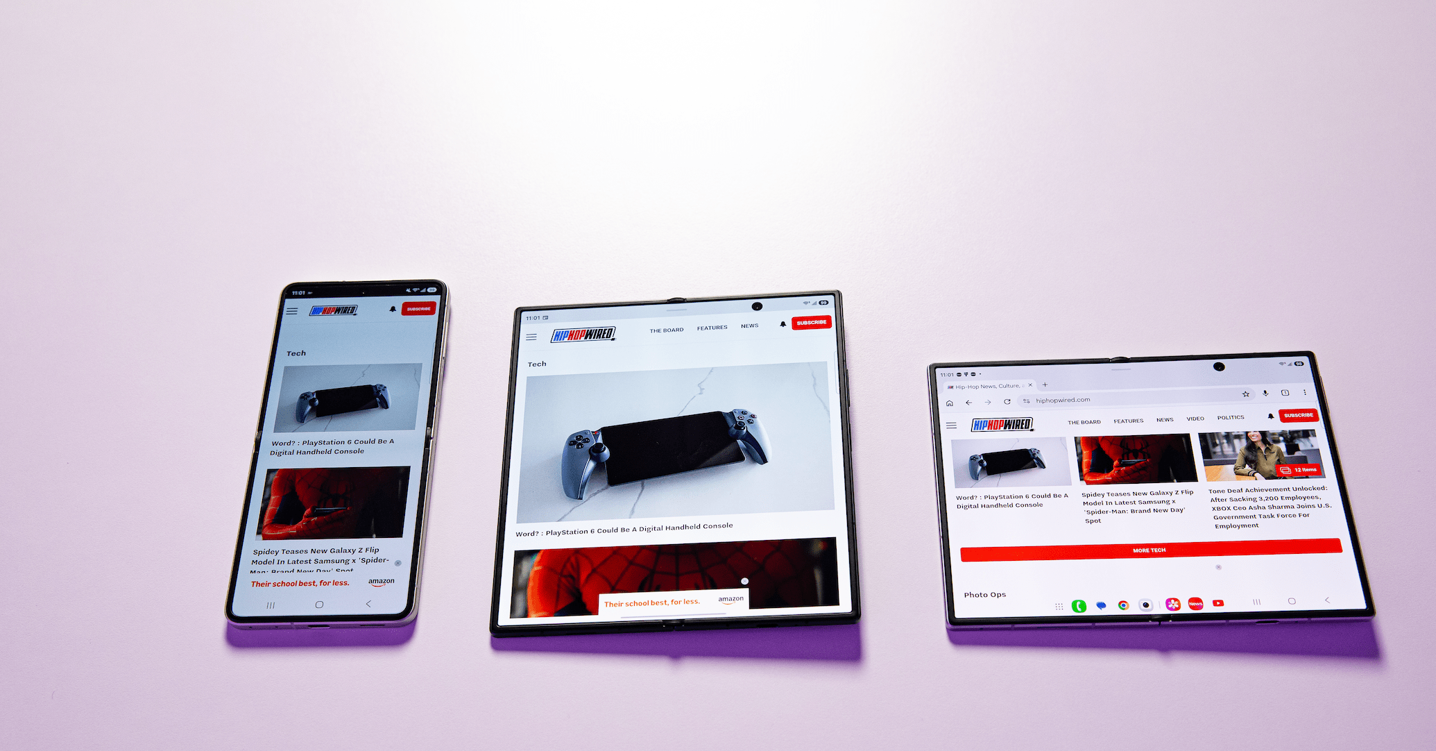 Three mobile devices displaying a gaming website with images of a PlayStation 5 controller.