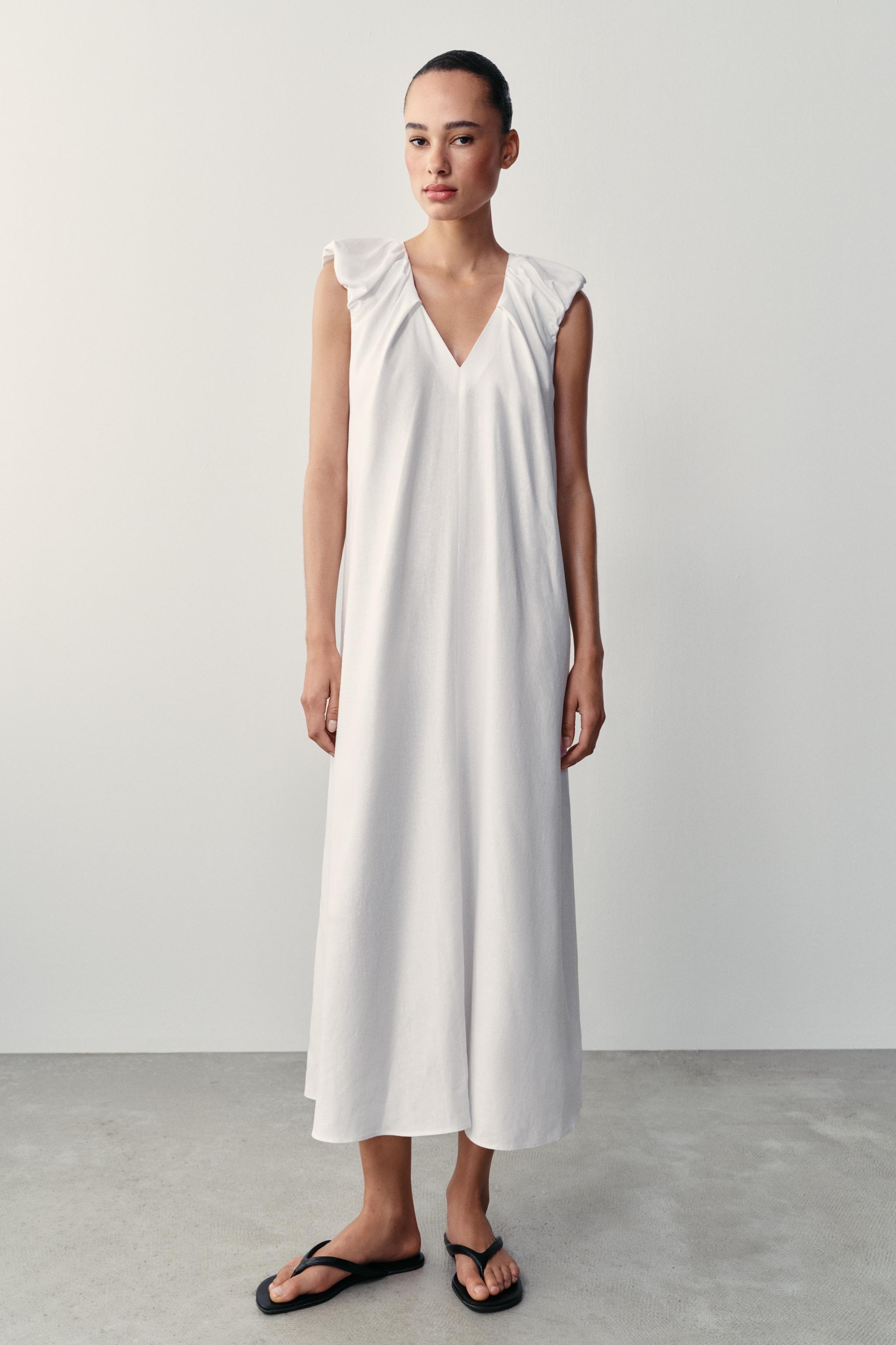 Linen Blend Long Dress - White - Xs