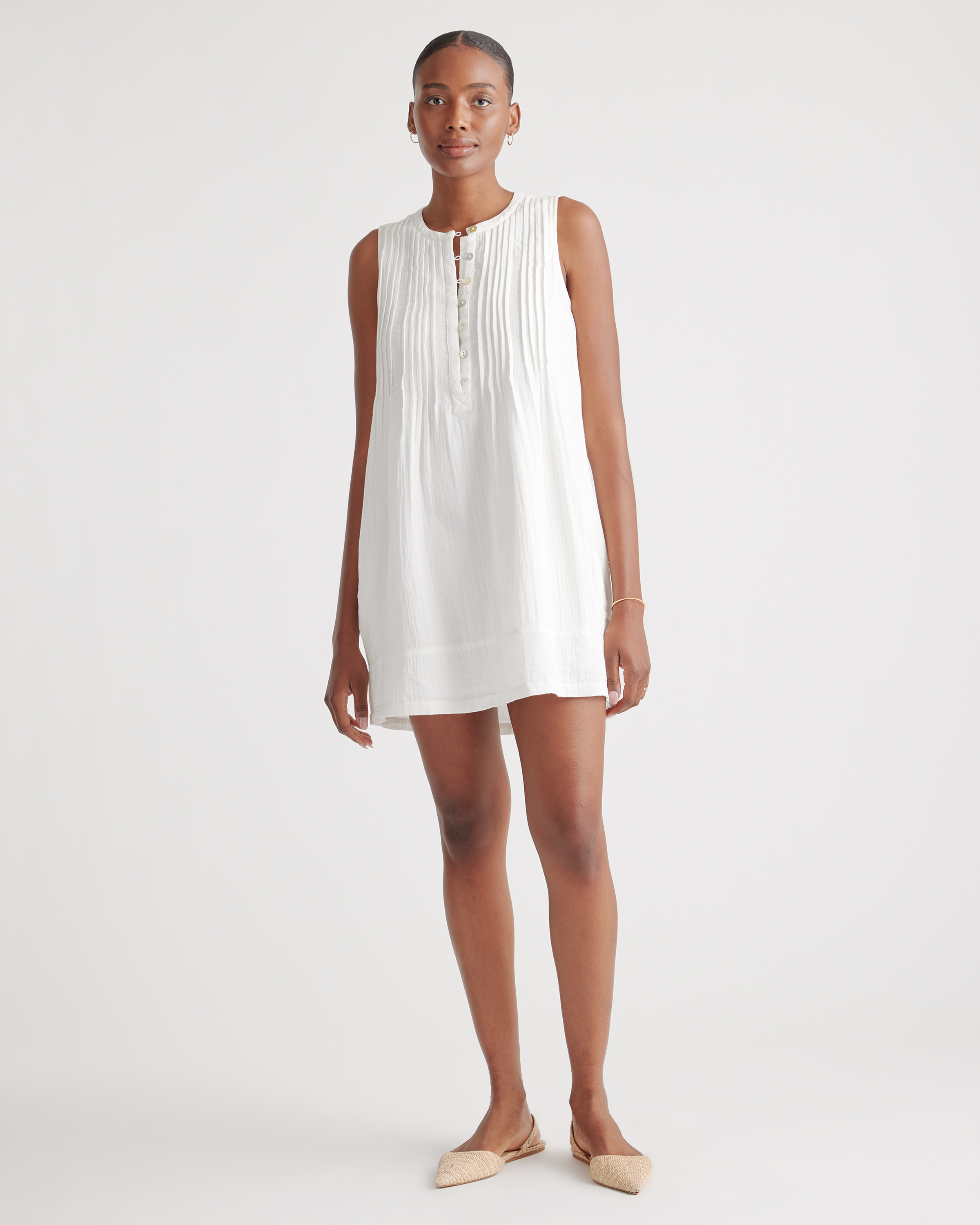 100% Organic Cotton Gauze Sleeveless Swing Dress in White