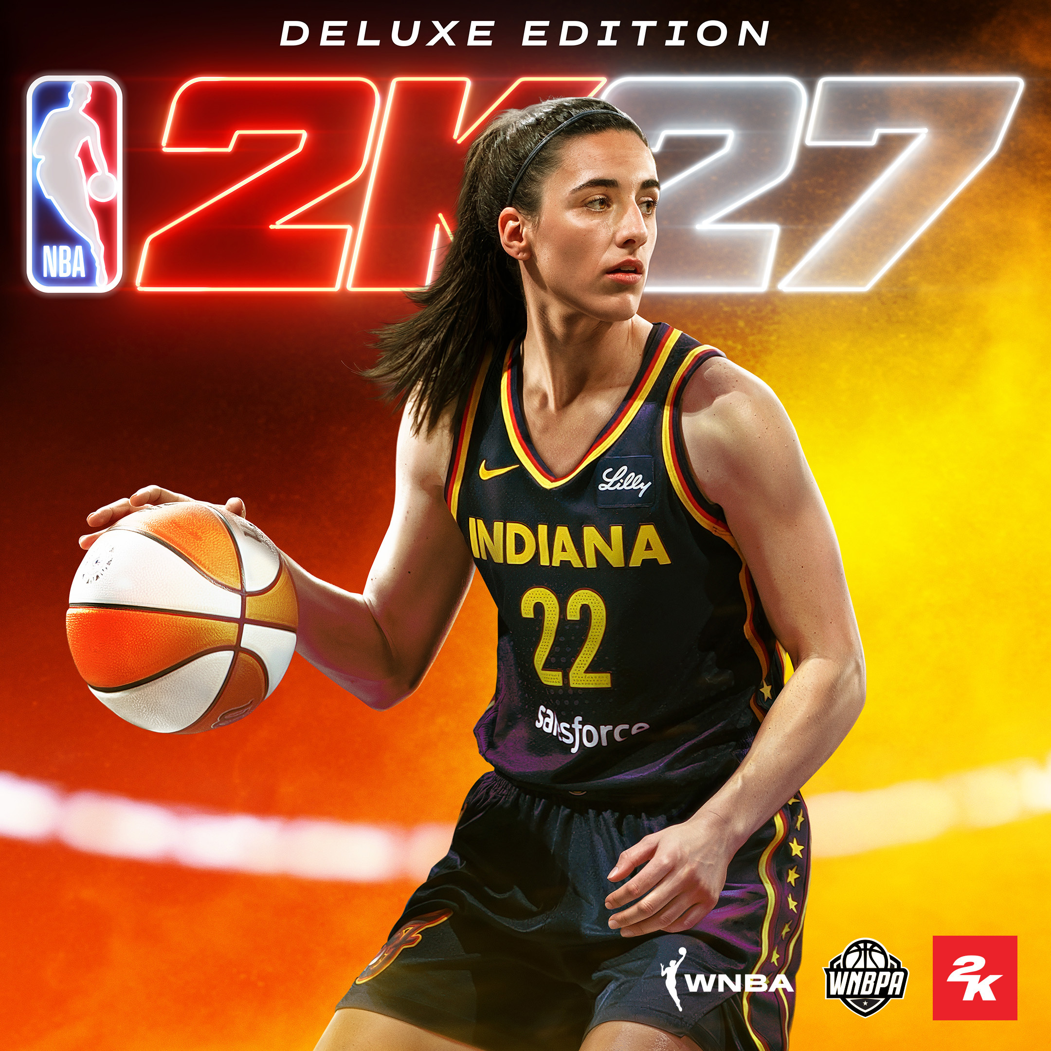A basketball player wearing an Indiana jersey with the number 22 holds a basketball in a dramatic pose against a fiery orange background with the NBA 2K27 Deluxe Edition logo.
