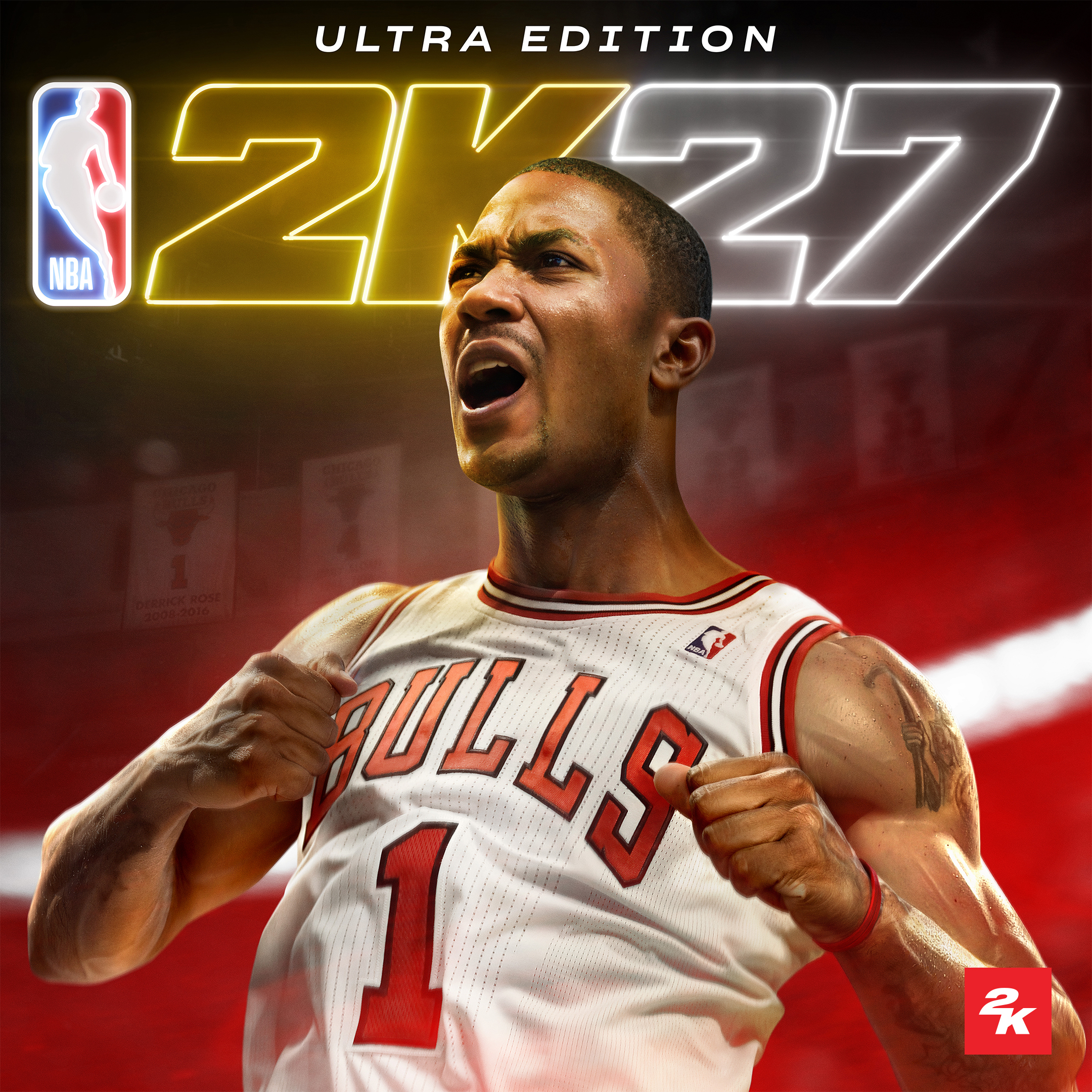 A basketball player wearing a Chicago Bulls jersey with the number 1 on it, making an intense facial expression.