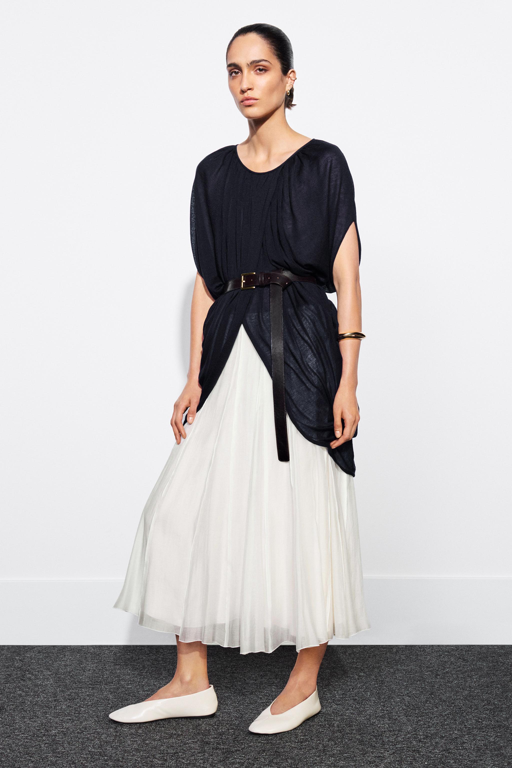 Zw Collection Contrast Flowing Skirt - Oyster-White - Xs