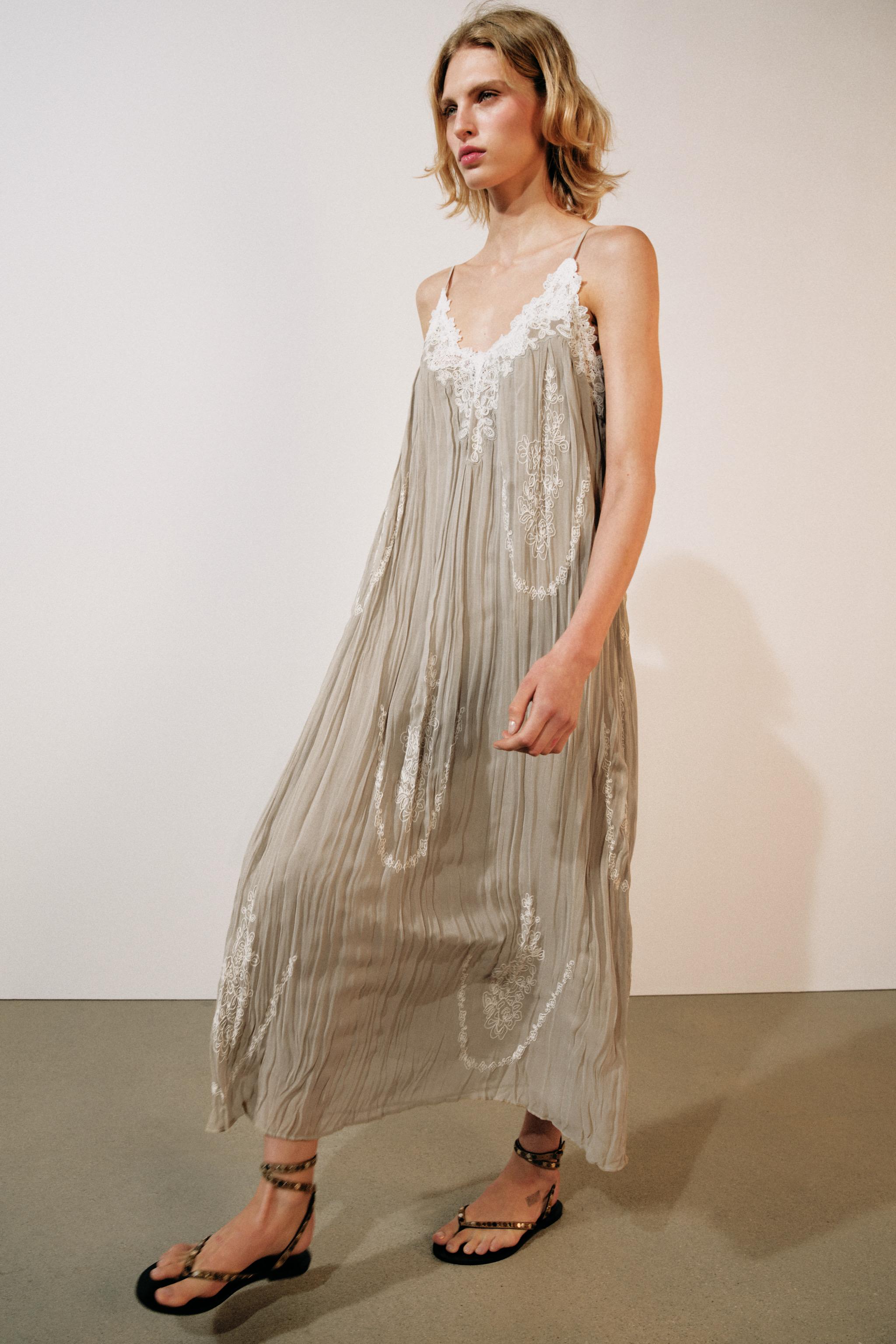 Zw Collection Long Embroidered Dress - Grey / Beige - Xs