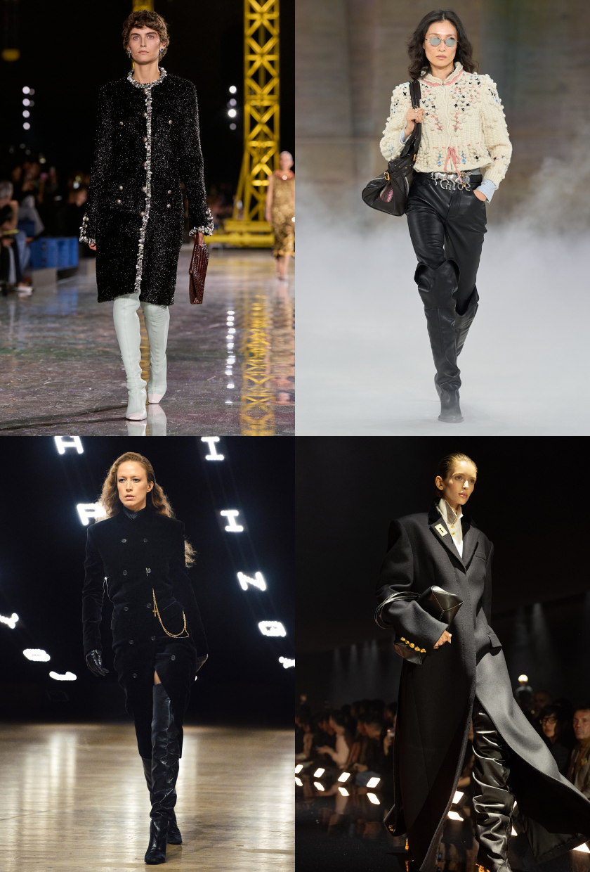 An image of the thigh-high boot trend, a key autumn 2026 shoe trend, as seen on the runway at Schiaparelli, Khaite, Chanel and Chloe.