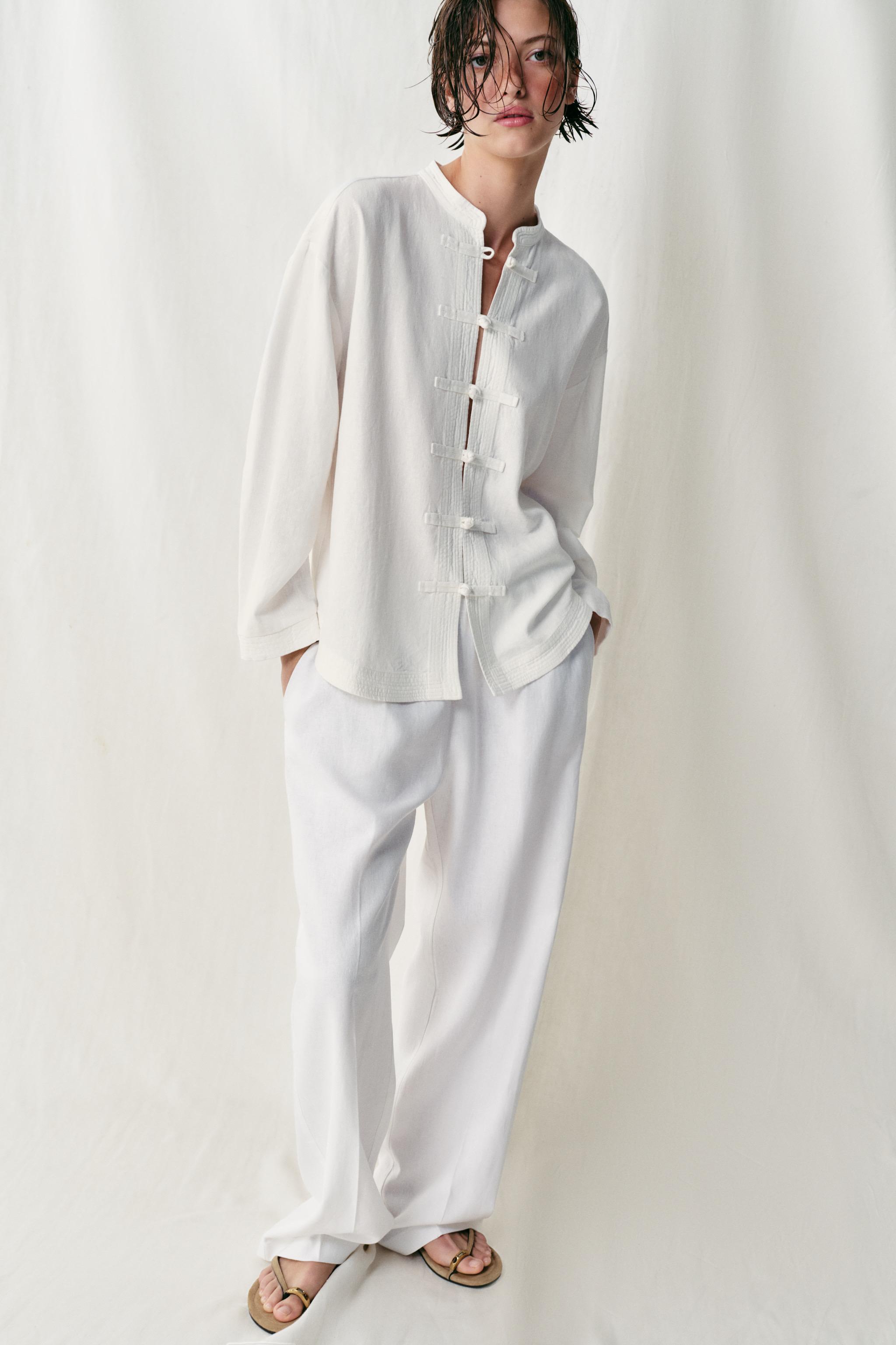 Linen Blend Oversize Shirt With Frog Fastening - White - Xs