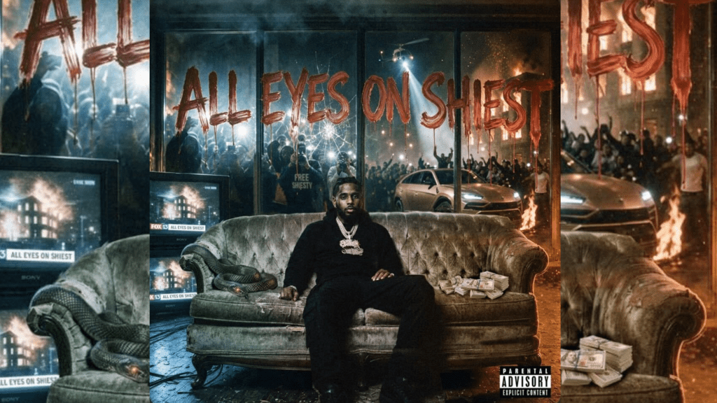 A man sitting on a couch in a room with graffiti-covered windows and a burning car outside, with the text "All Eyes on Shhh" displayed prominently.