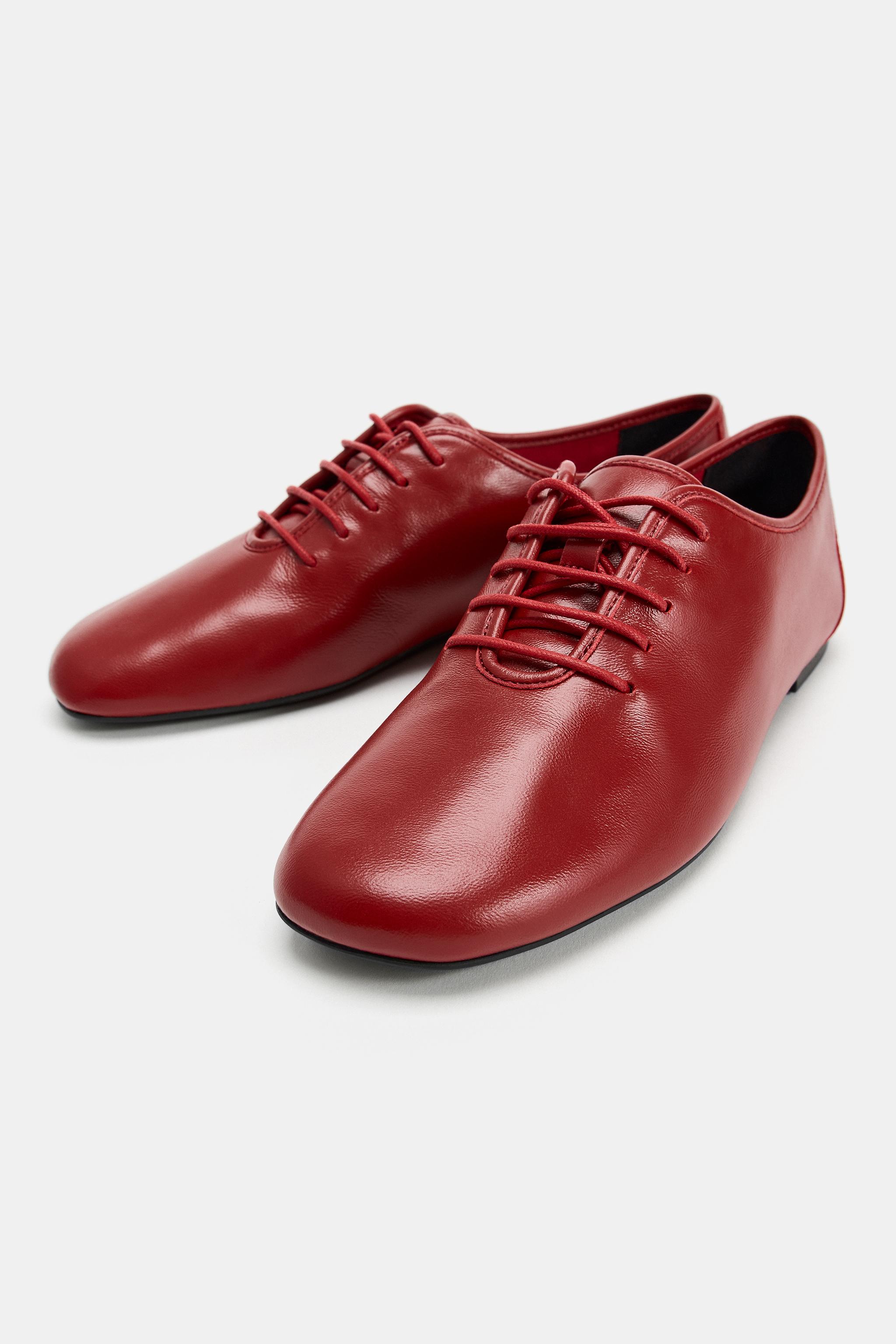Leather Lace-Up Flats - Red - 5
