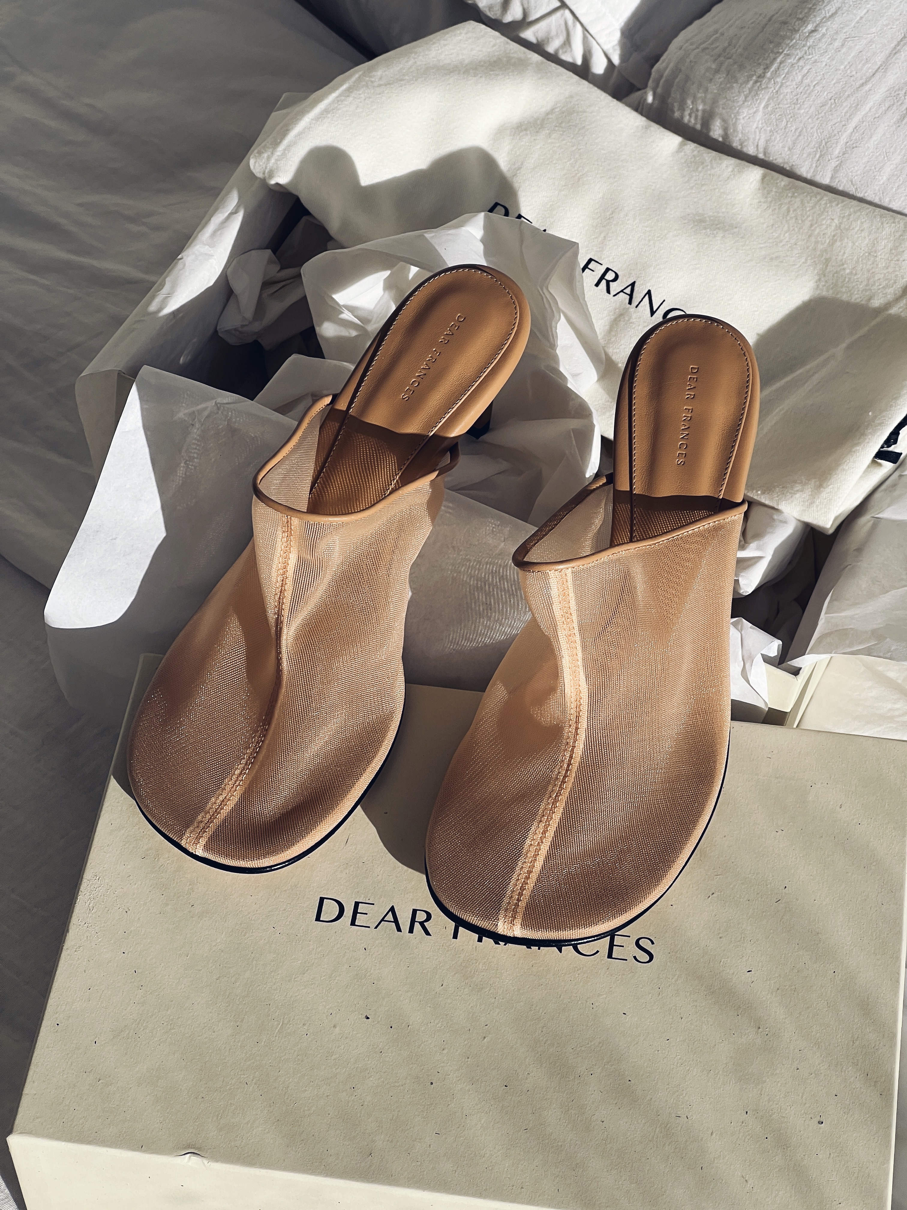 An image of @avahgilchrist showcasing her mesh mule heels.