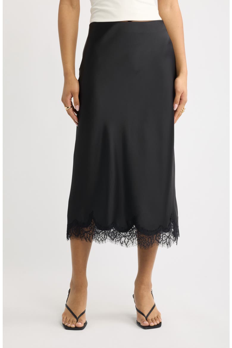 Lace Trim Satin Midi Skirt