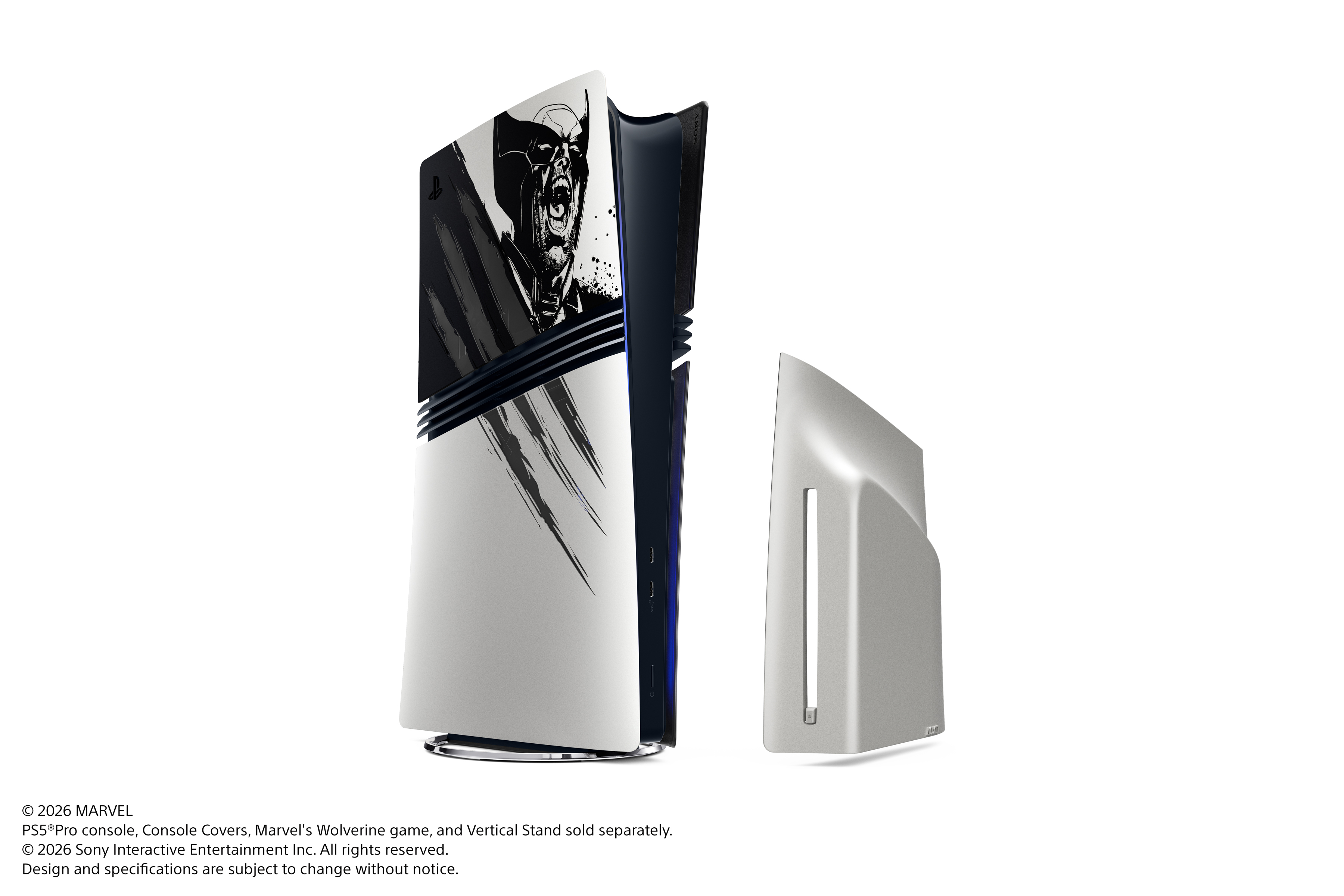 A PlayStation 5 Pro console with a custom Wolverine-themed design and a vertical stand.
