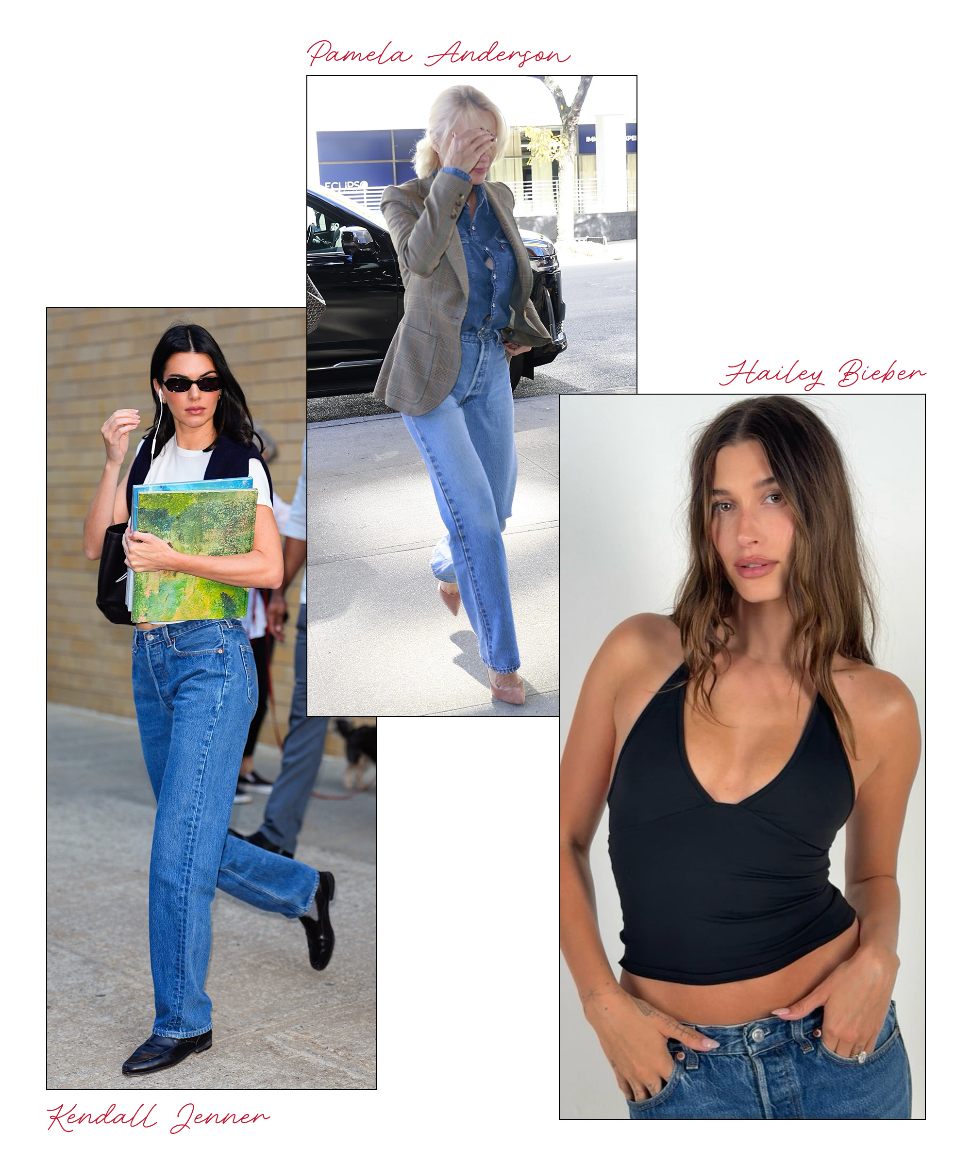 Kendall Jenner, Pamela Anderson, and Hailey Bieber wearing Levi's 501 jeans.